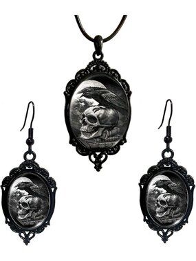 Vintage Gothic Raven Bat Witch Jewelry Set Cameo Necklace Earrings-A4:White